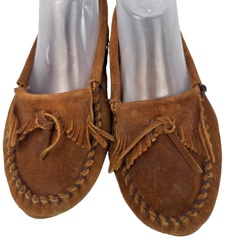 Minnetonka Women's Brown Suede Moccasin Flats Fringe Slip-On Lightweight Bo-Ho
